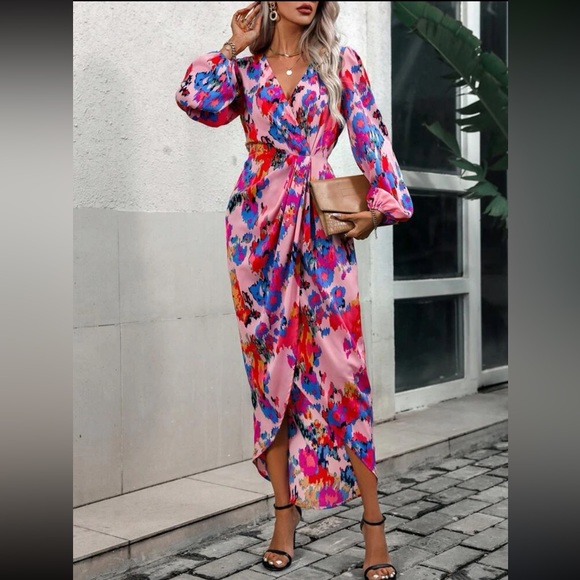 SHEIN Sleeve Twist Front Wrap Satin Dress - Picture 2 of 5